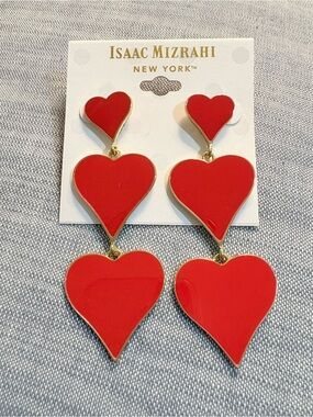 Isaac Mizrahi Red Gold-Trim Triple Heart Drop Earrings